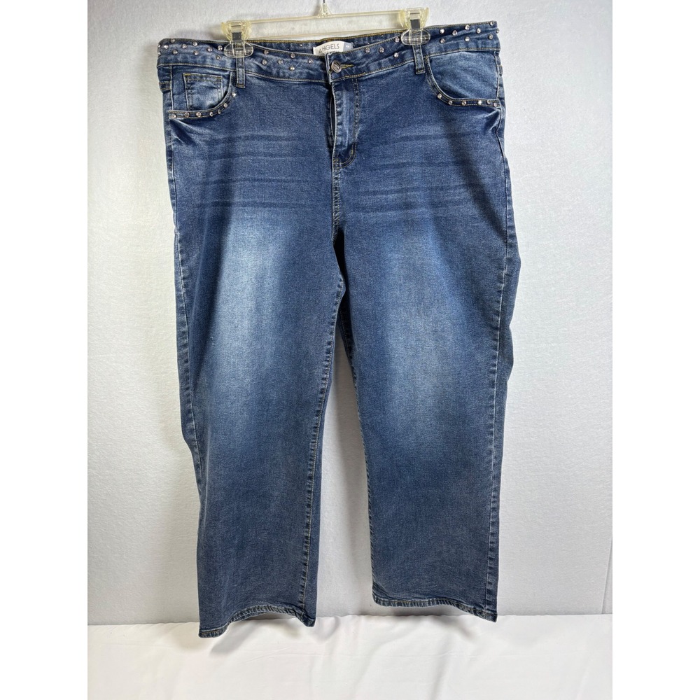 Angels Jeans Womens 20W Blue Denim Rhinestone Studded Straight Leg Stretch Boho